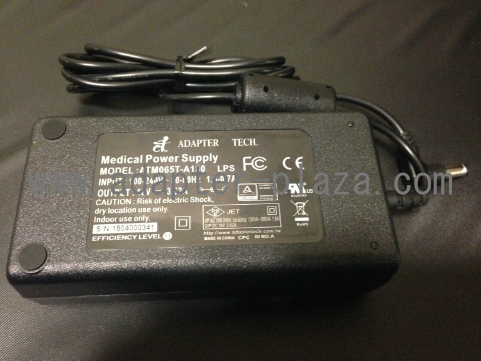 New JET Tech ATM065T-A180 18V 3.62A Medical Power Supply Adapter